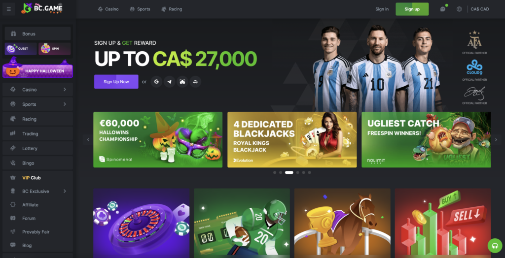 BC.Game online crypto casino homepage, showing several graphics of athletes like Lionel Messi, and a wide selection of games on the left
