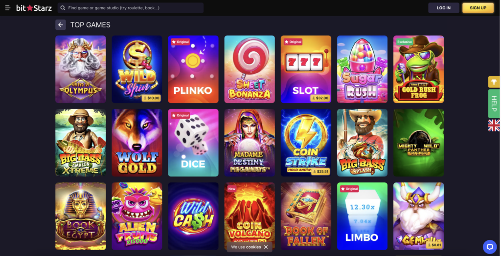 Selection of slots and other games from BitStarz online casino