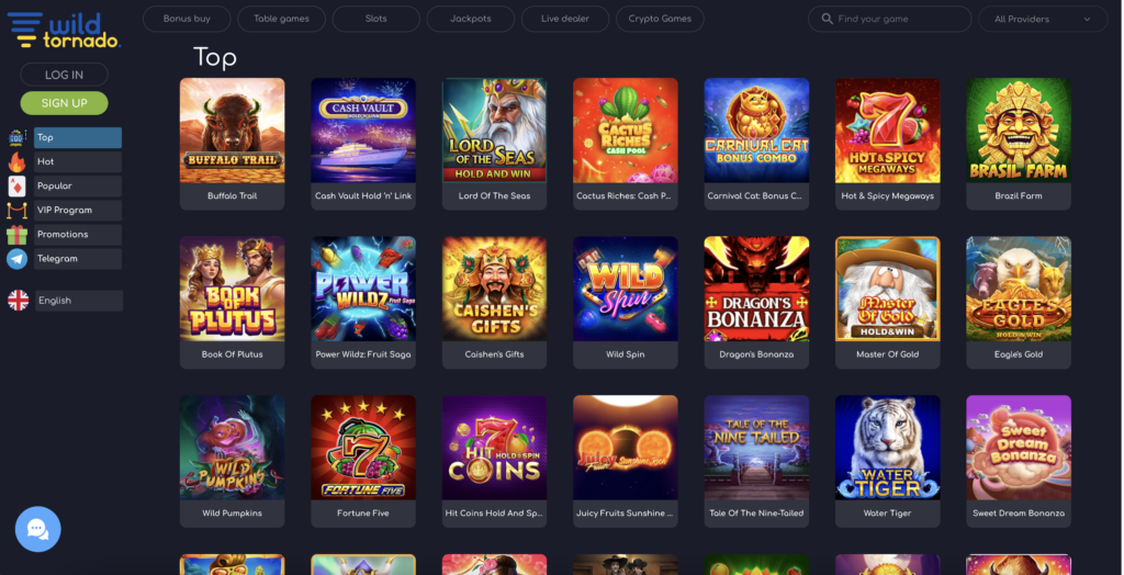 Selection of top games available at WildTornado online casino