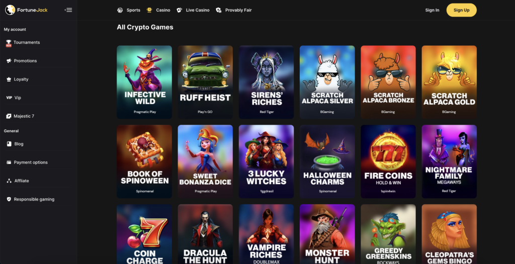 Screenshot showing a collection of FortuneJack crypto casino games.