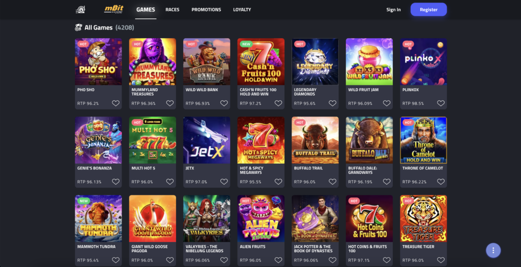 A screenshot showing a list of over 4,000 different games available at mBit crypto casino
