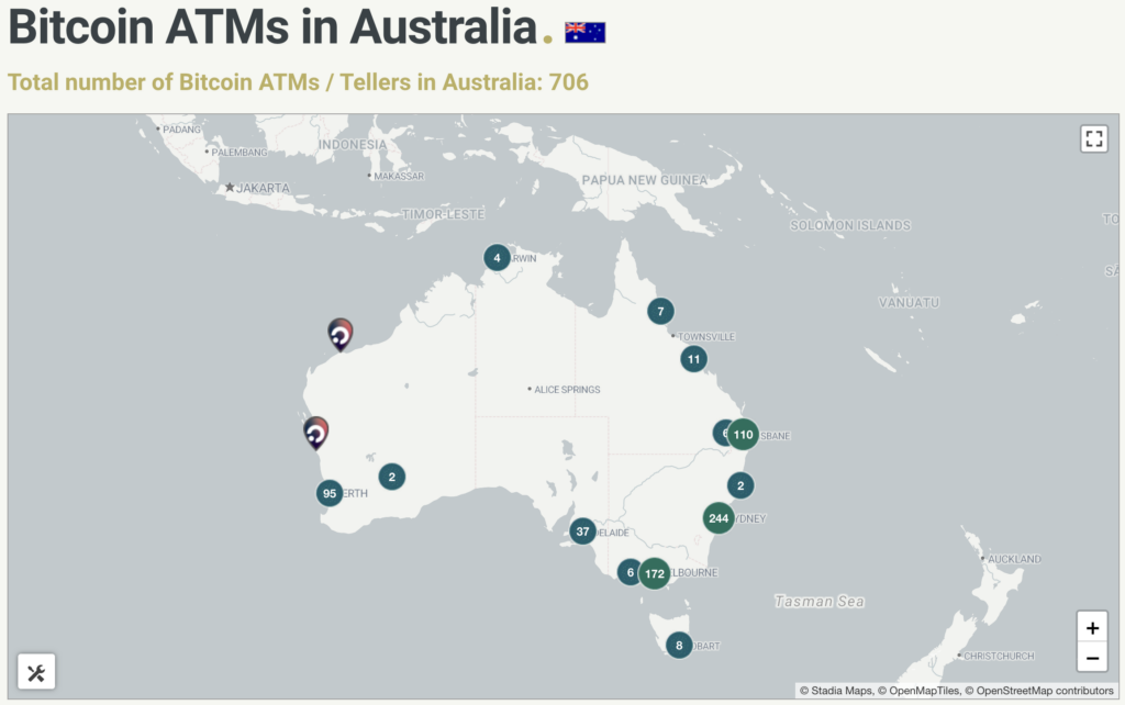 Bitcoin ATMs in Australia seen on CoinATMRadar