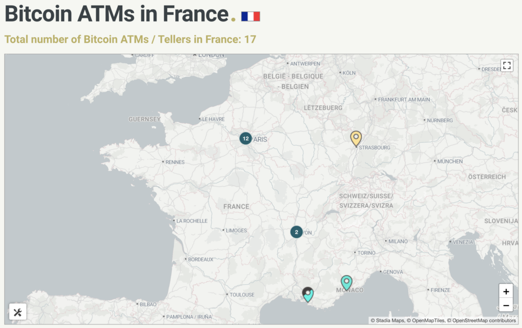 Bitcoin ATMs in Paris displayed on CoinATMRadar map screenshot