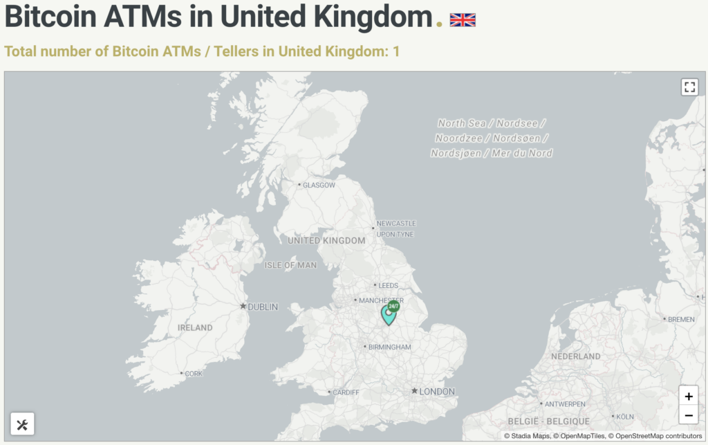 Bitcoin ATMs in the UK as shown on CoinATMRadar