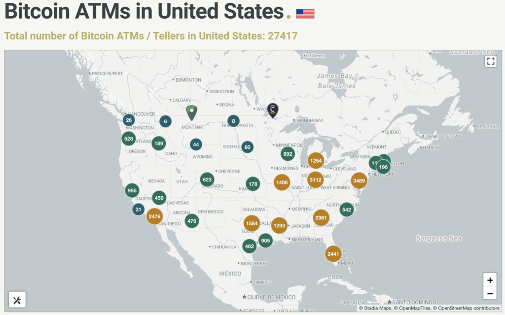 Bitcoin ATMs in the USA on CoinATMRadar map