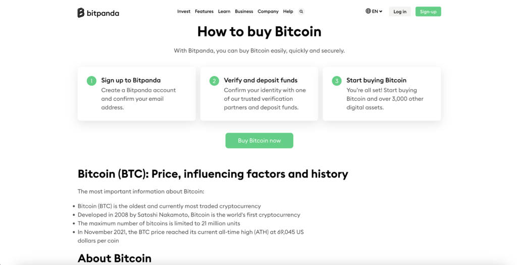 Bitpanda homepage screenshot detailing how to buy Bitcoin
