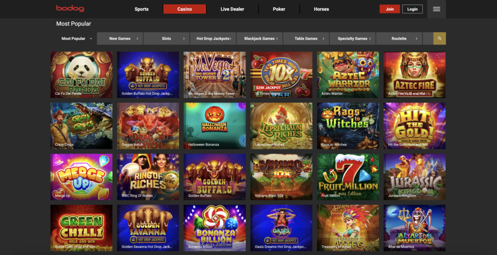 Bodog online casino game homepage