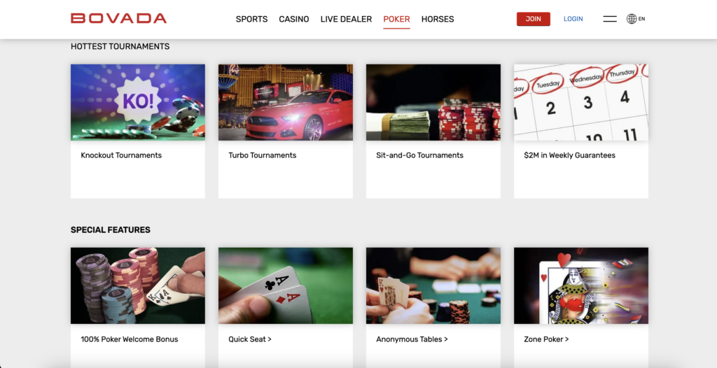 Bovada online crypto casino poker selection page