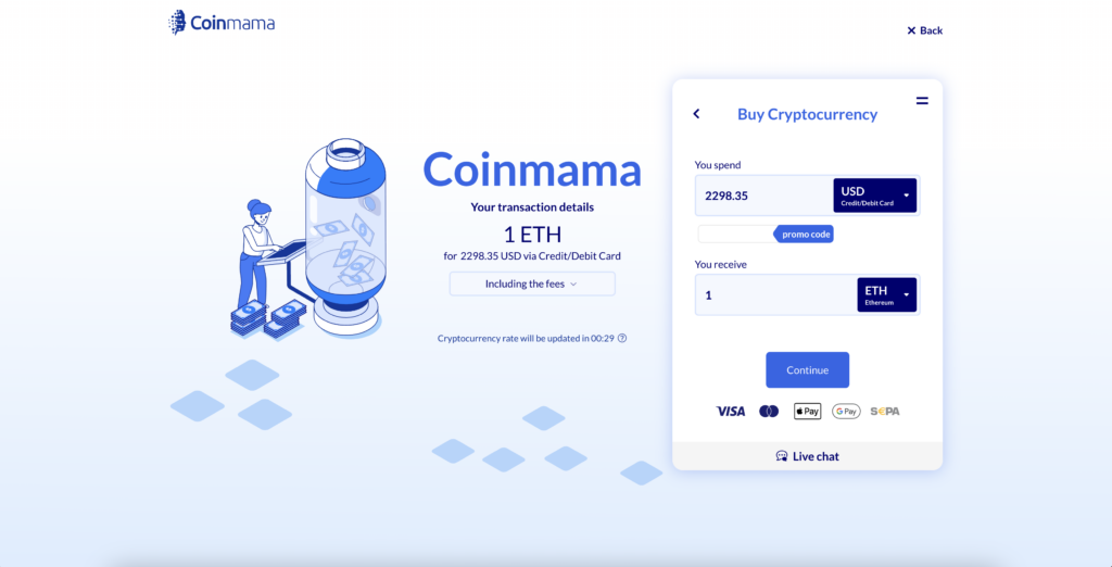 Coinmama Eth purchase screen showing US dollar cost and Eth amount to be received 