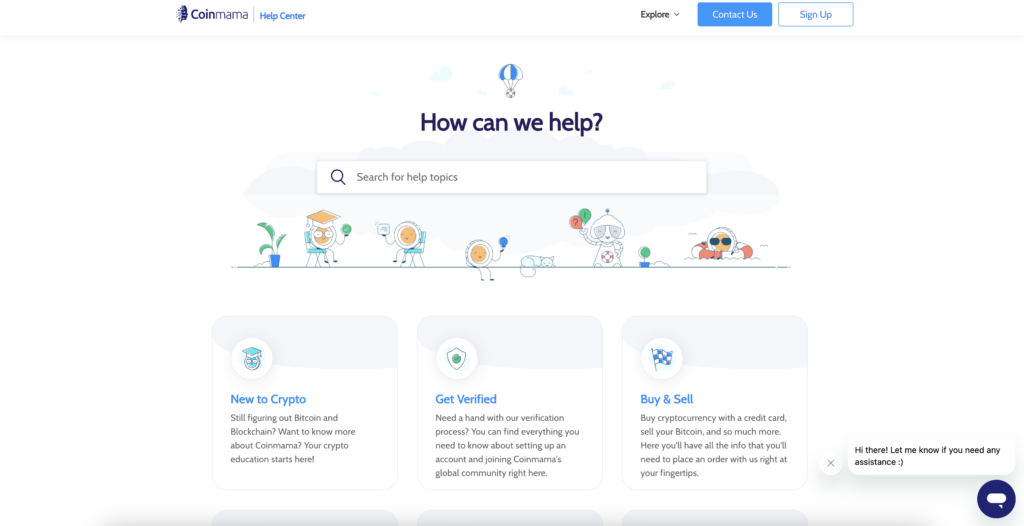 Screenshot of Coinmama's Help Center page