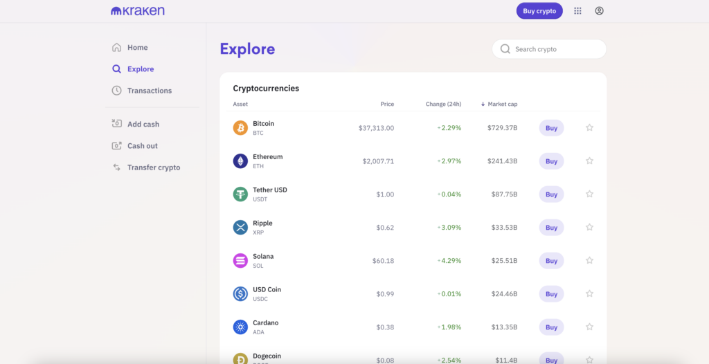Kraken Explore screen from the main Kraken platform