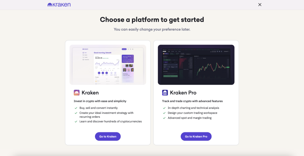 Kraken platform select screen where users can select Kraken main platform or Kraken pro