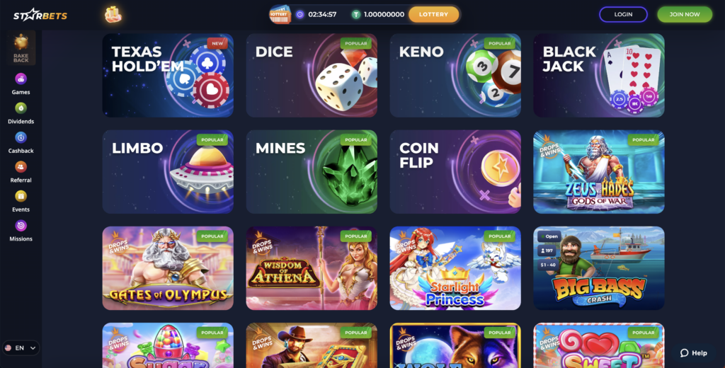 StarBets.io online crypto casino showing available games