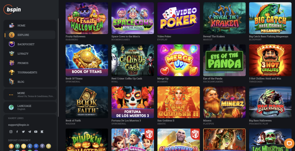 Homepage of bspin online bitcoin casino, showing a variety of games