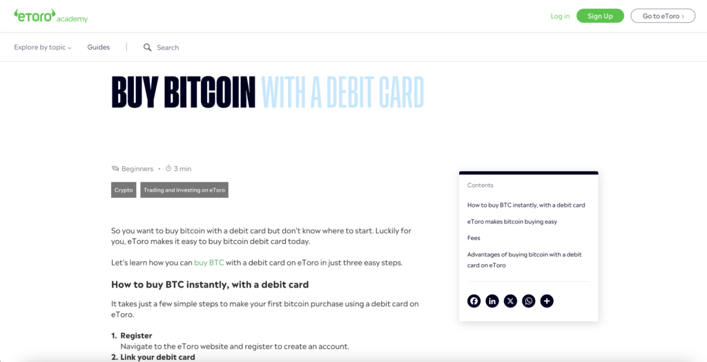 eToro buy Bitcoin with a debit card screenshot