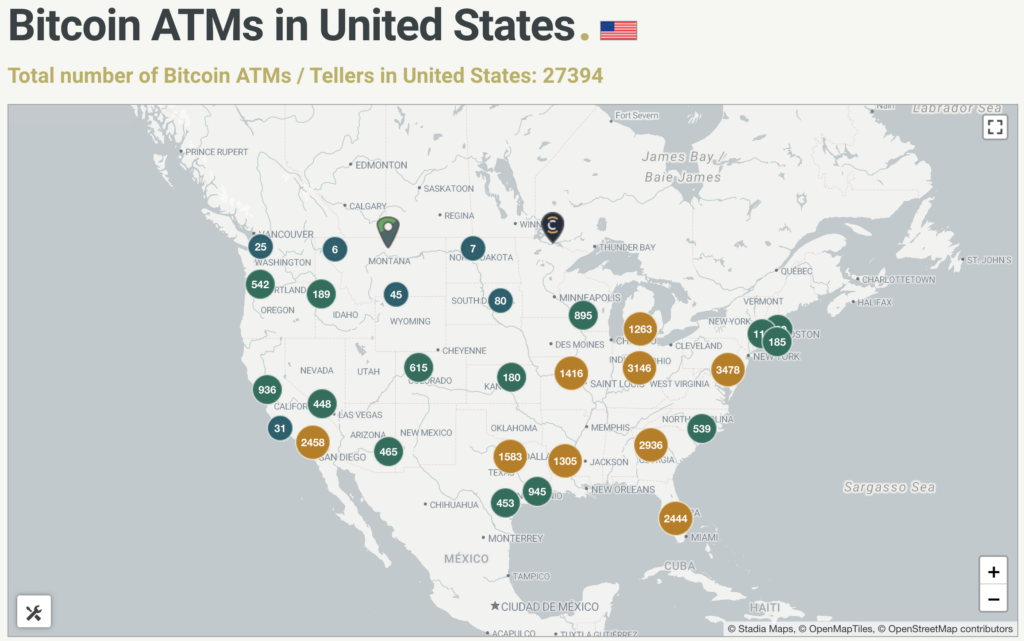 Bitcoin ATM map of the United States from BitcoinATMRadar