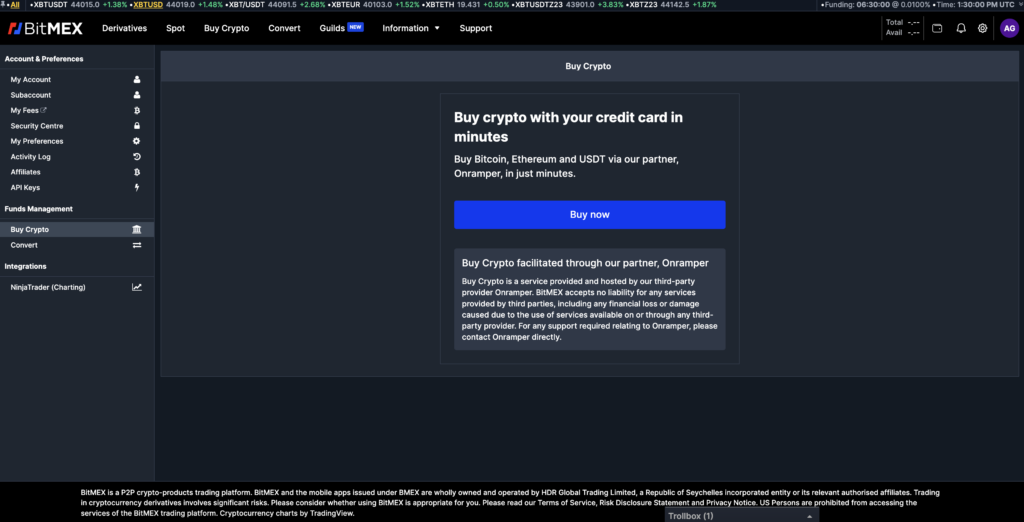 Buy crypto with credit card on BitMEX screenshot