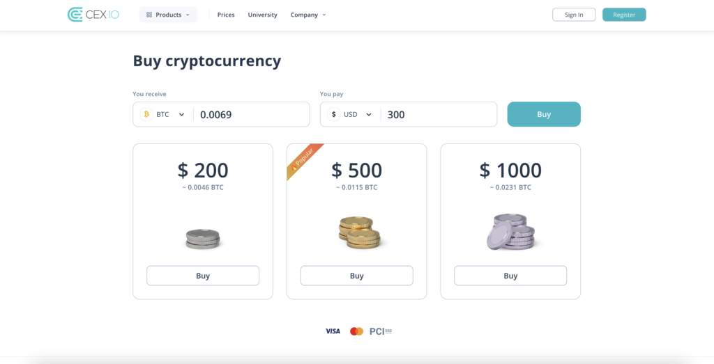 CEX.IO Buy cryptocurrency page screenshot