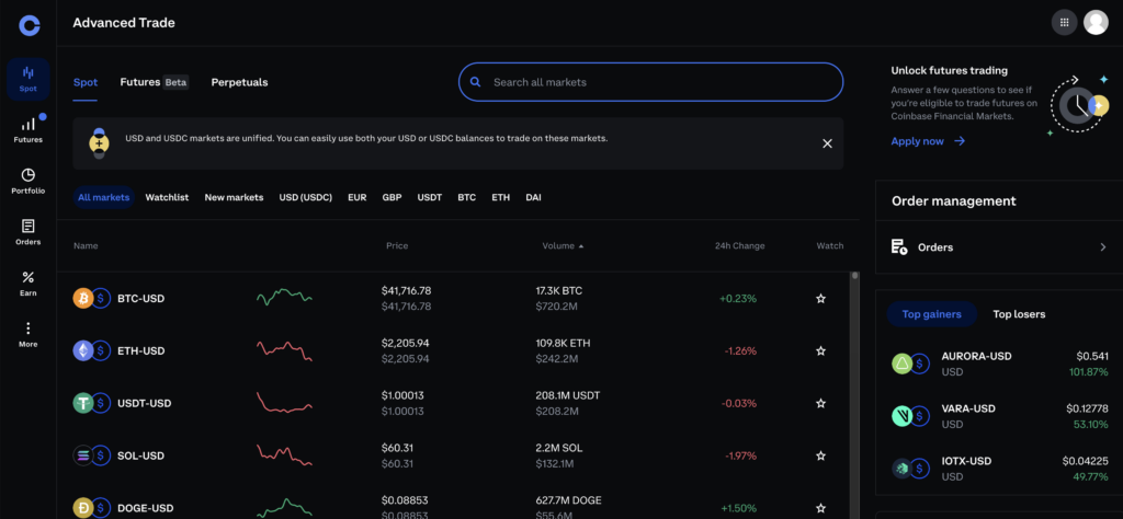 Screenshot of Coinbase Advanced platform