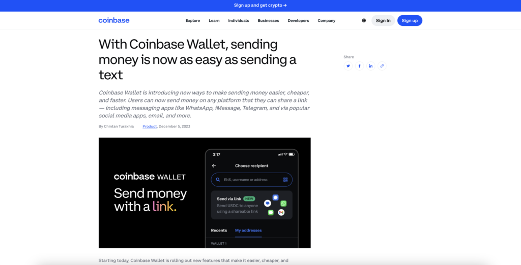 Coinbase Wallet send money with link inside CB Wallet screenshot