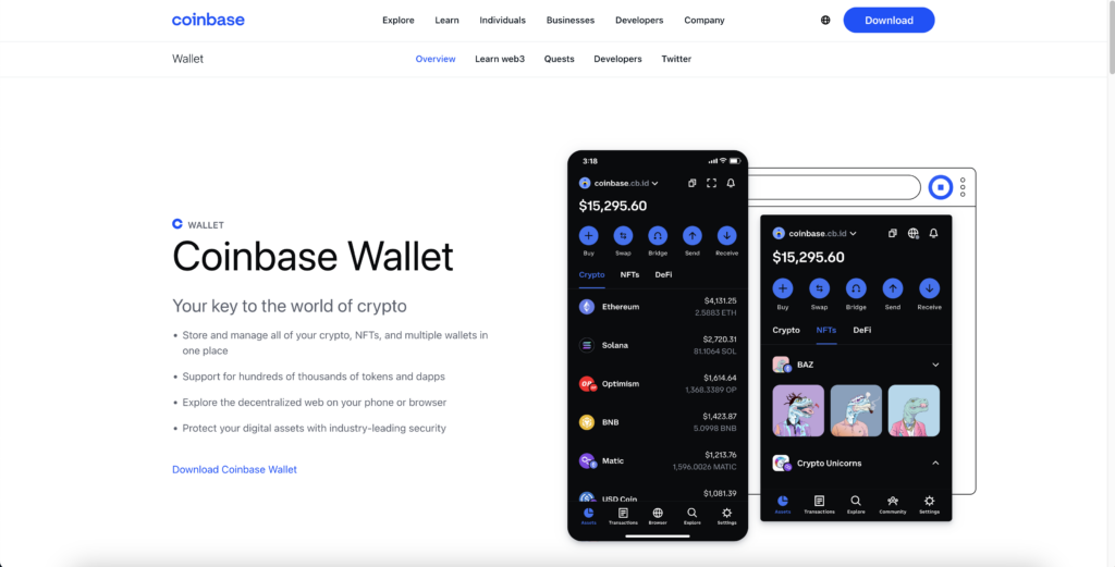 Screenshot showing the homepage of the Coinbase cryptocurrency wallet