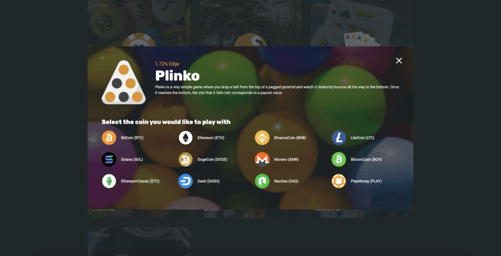 CryptoGames cryptocurrency casino Plinko game screenshot