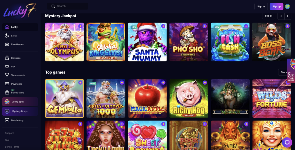 Lucky7even online crypto casino homepage screenshot