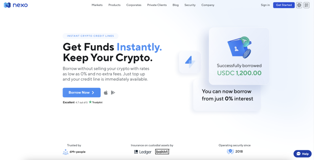 Nexo crypto-backed loans homepage screenshot