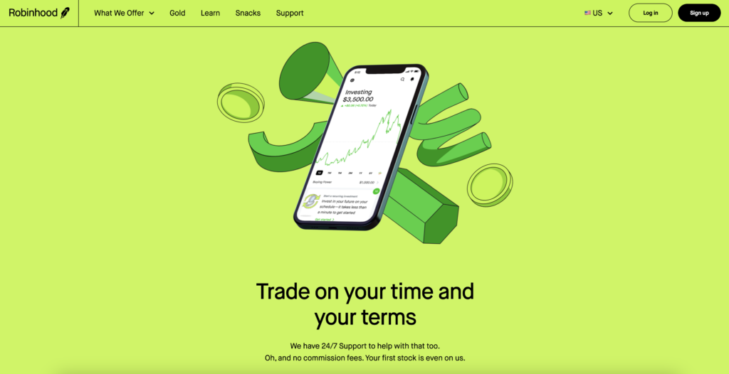 Robinhood invest page screenshot with mobile app display