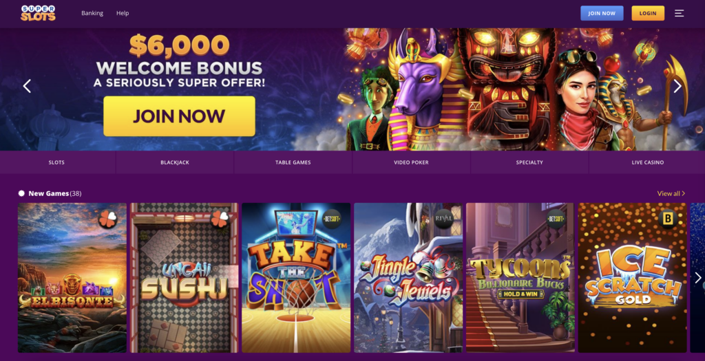 Super Slots crypto casino homepage screenshot