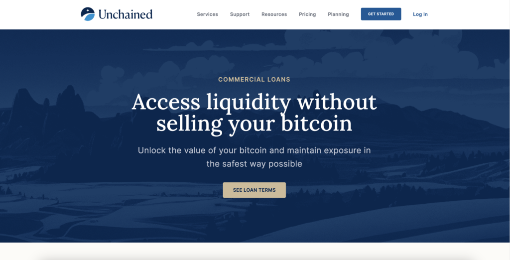 Unchained Capital Bitcoin loans page screenshot