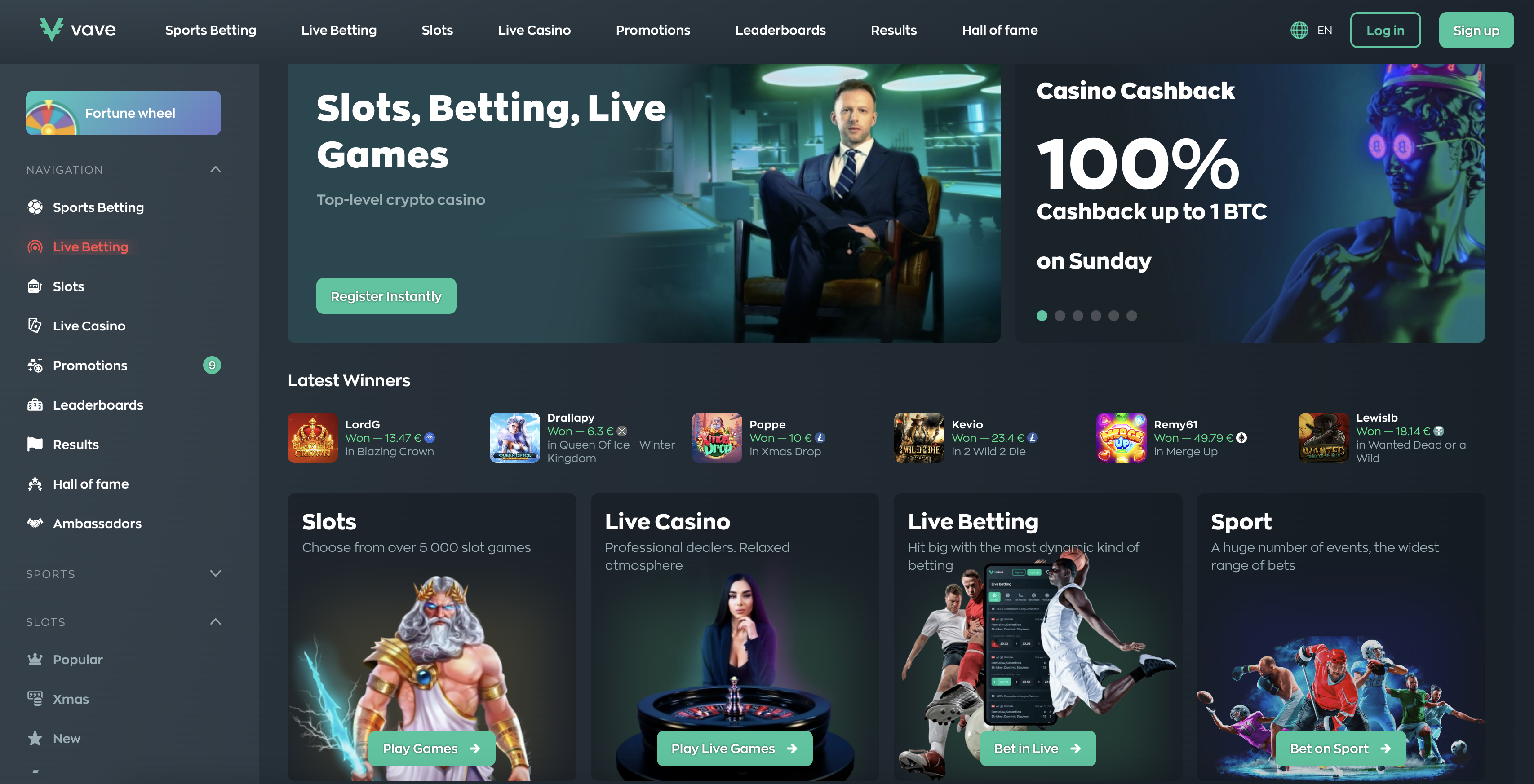 Vave crypto casino and sportsbook homepage screenshot