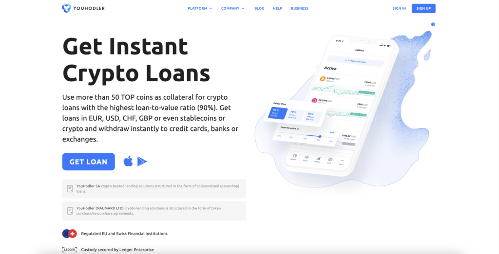 YouHodler instant crypto loans homepage screenshot