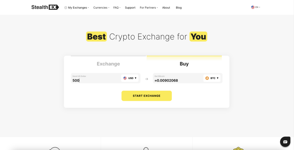 Homepage screenshot of StealthEX crypto exchange, showing how to buy Bitcoin