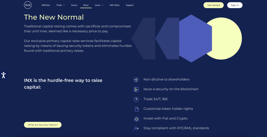 INX crypto exchange screenshot showing the security tokens issuance informational page
