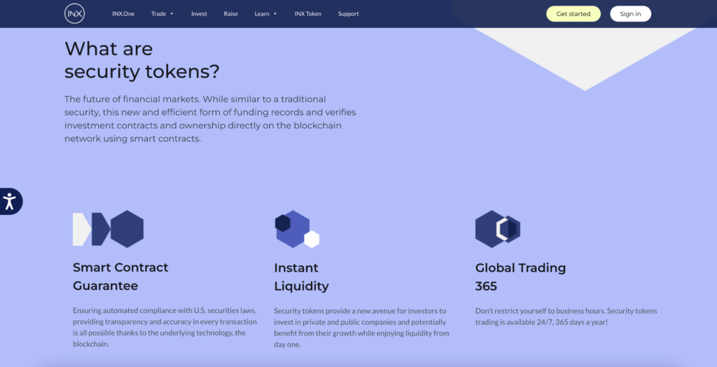 INX crypto exchange webpage detailing the benefits and information about security tokens