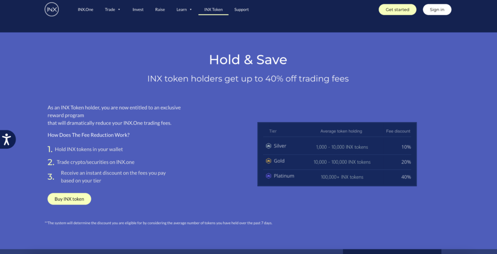 INX Token informational page detailing information on discounts for using INX exchange's native coin
