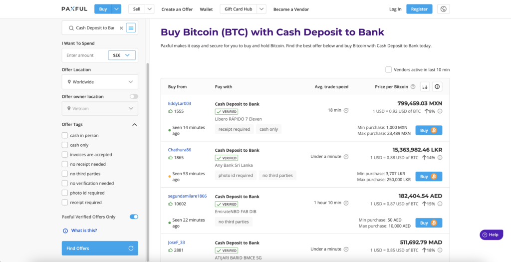 Paxful buy Bitcoin with bank deposit seller options