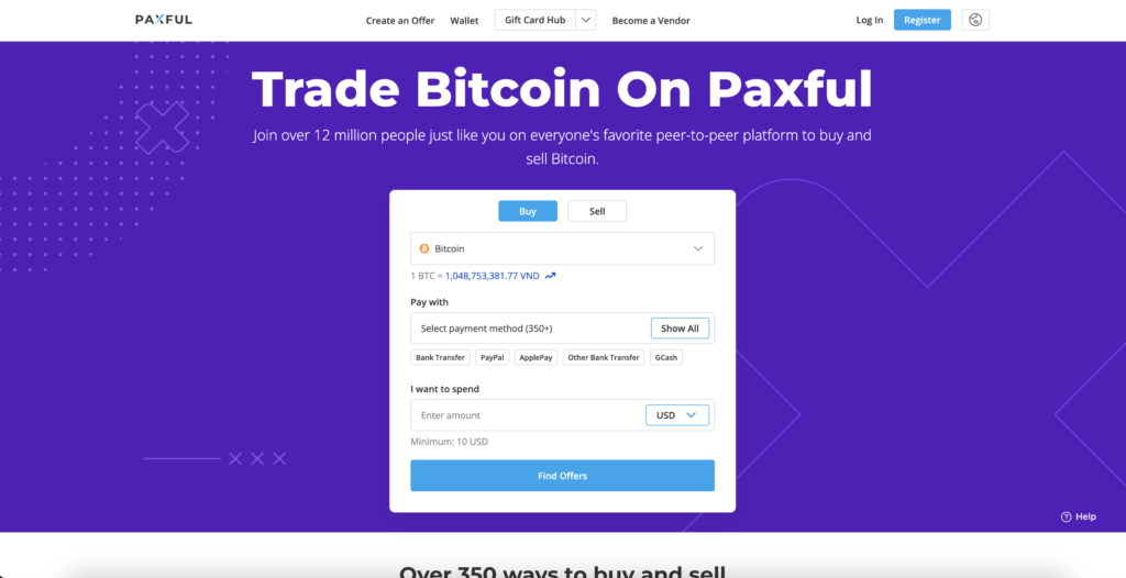 Paxful peer-to-peer cryptocurrency exchange homepage screenshot