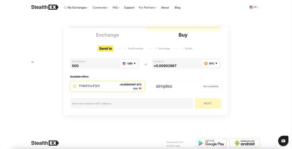 Homepage screenshot of Bitcoin exchange StealthEX, showing how to buy Bitcoin with a credit card