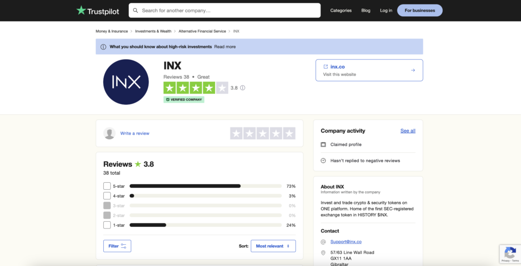 Trustpilot review page of INX crypto exchange