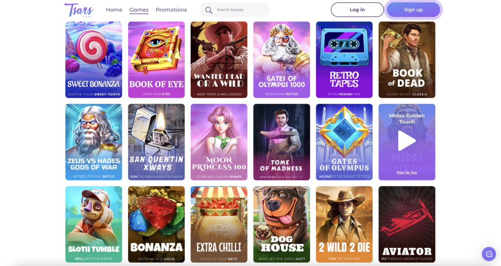 Tsars crypto casino games page showing various types games 