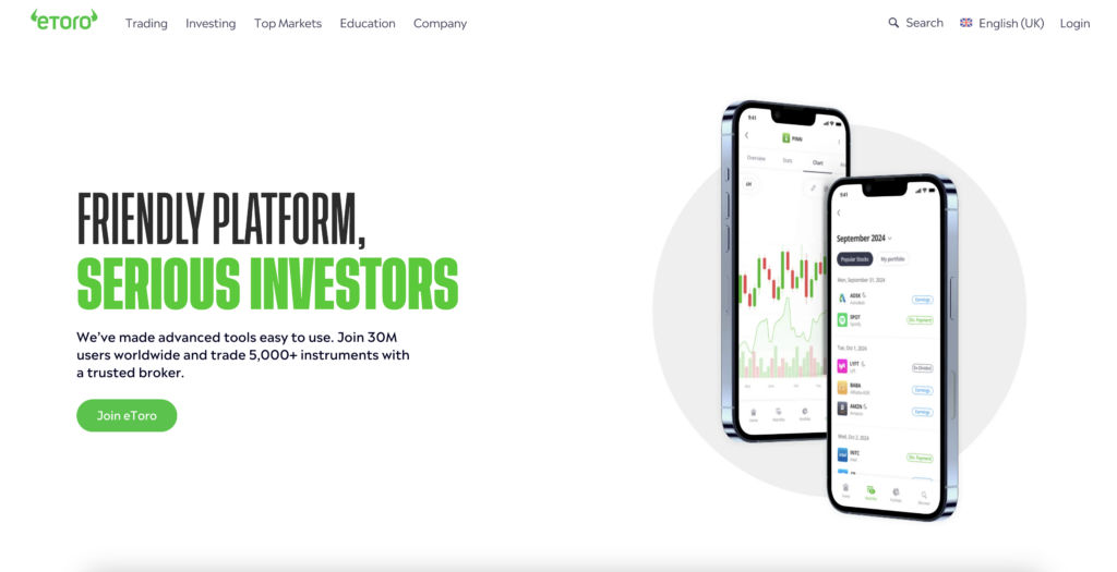 eToro investment platform homepage screenshot