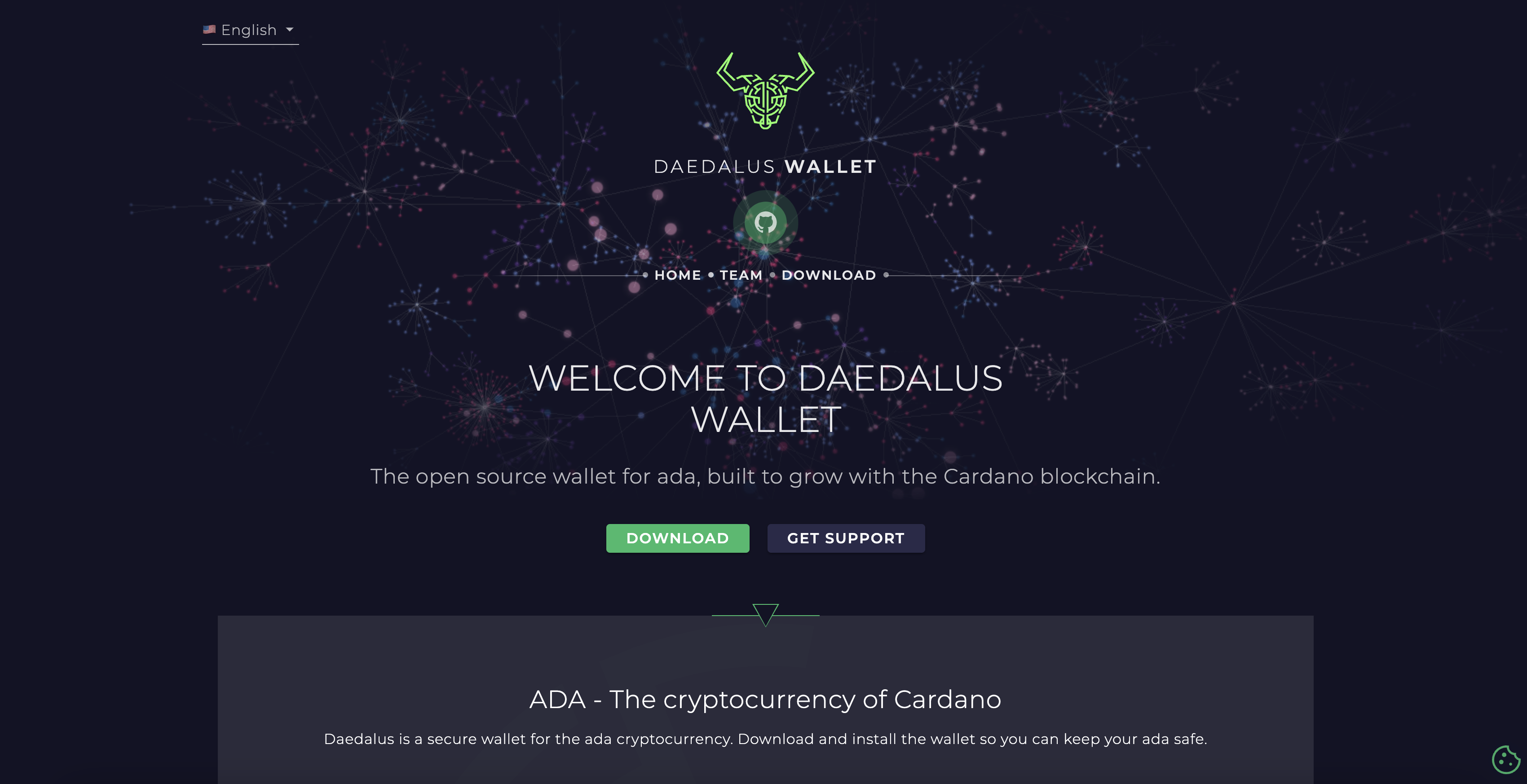 Homepage screenshot of the Cardano (ADA) cryptocurrency wallet Daedalus