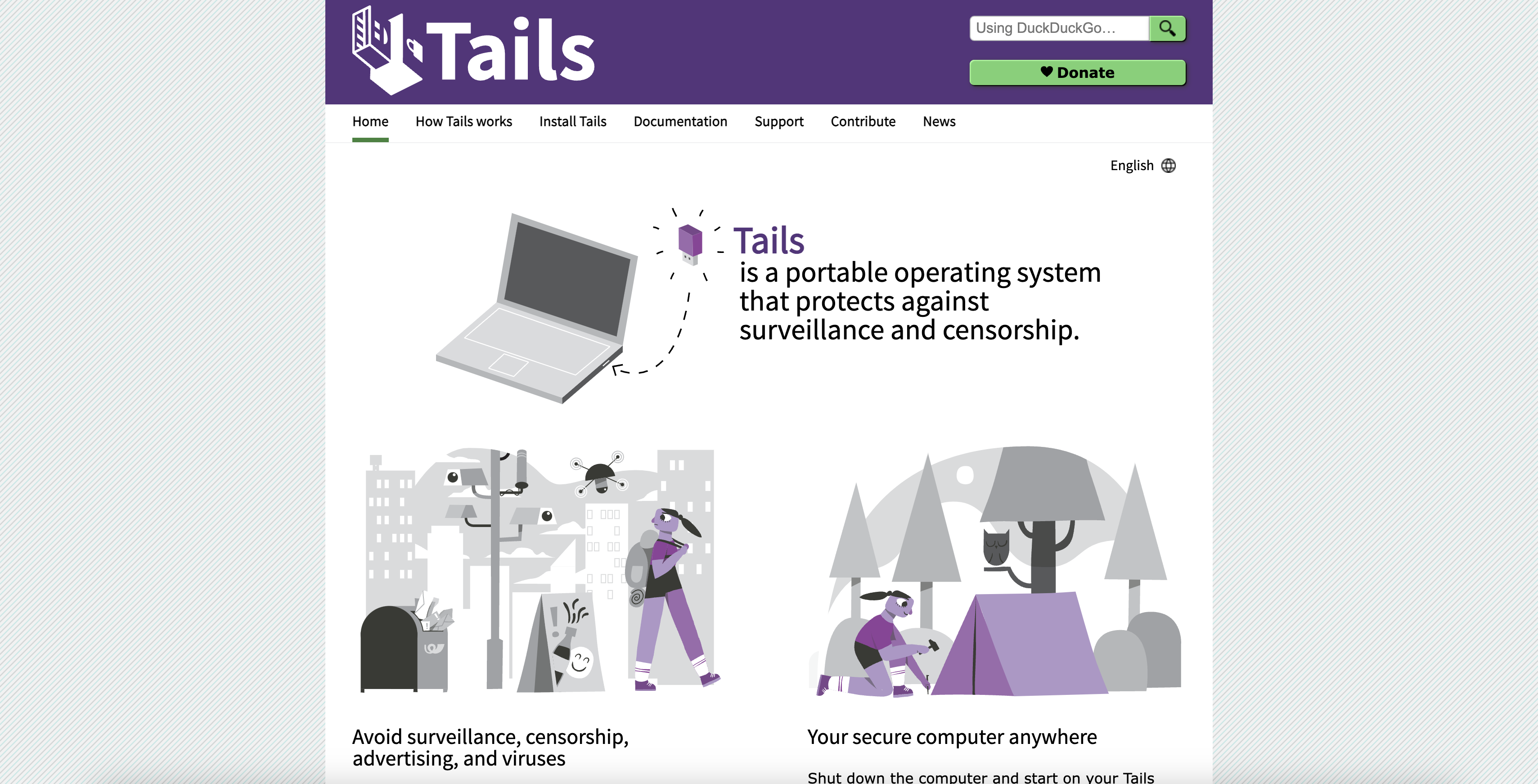 Tails privacy-focused system homepage screenshot