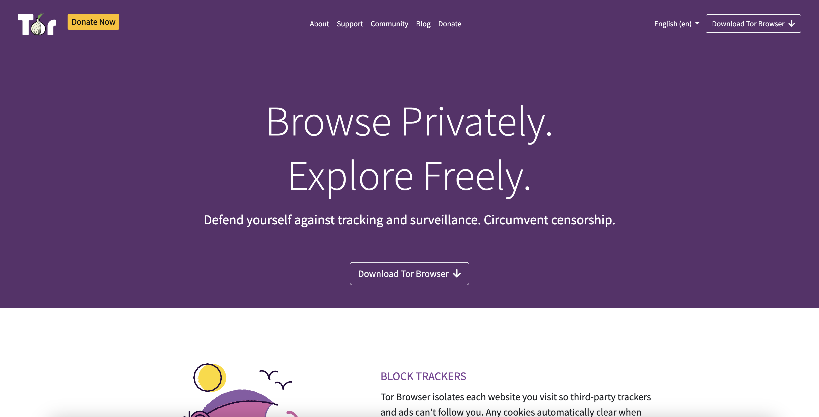 Homepage screenshot of the Tor Project, an anonymous web browser