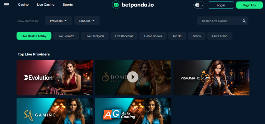 Betpanda.io has a world-class live casino where you can play blackjack, roulette, baccarat, and game shows from Evolution, Asia Gaming, and Pragmatic Play