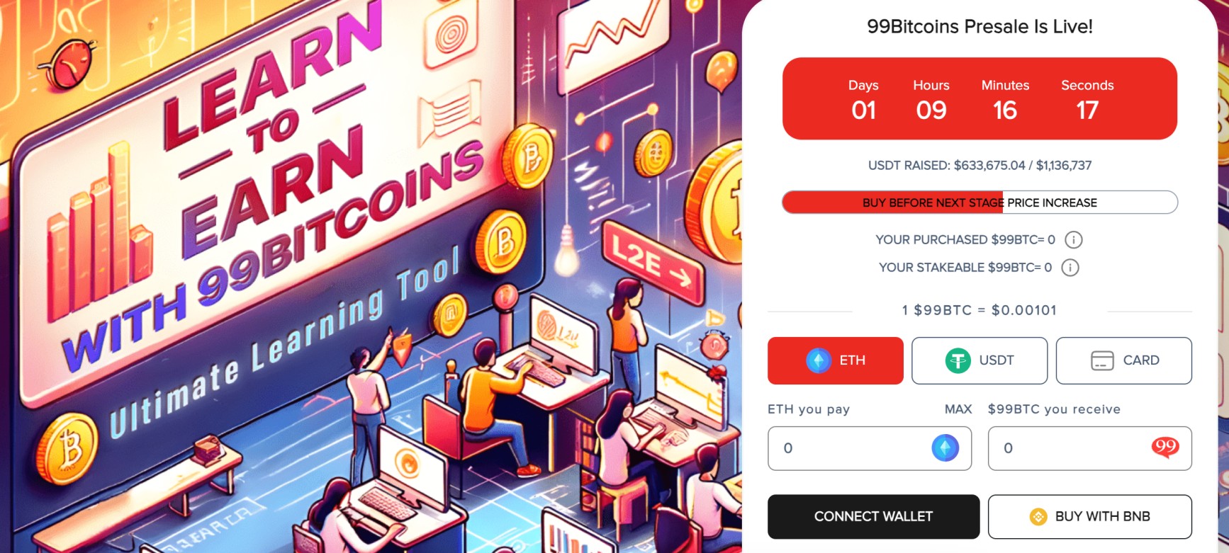 In sensational shake-up to Learn-2-Earn crypto sector, new education ecosystem 99Bitcoins presale has smashed $500k raised for 99BTC token.