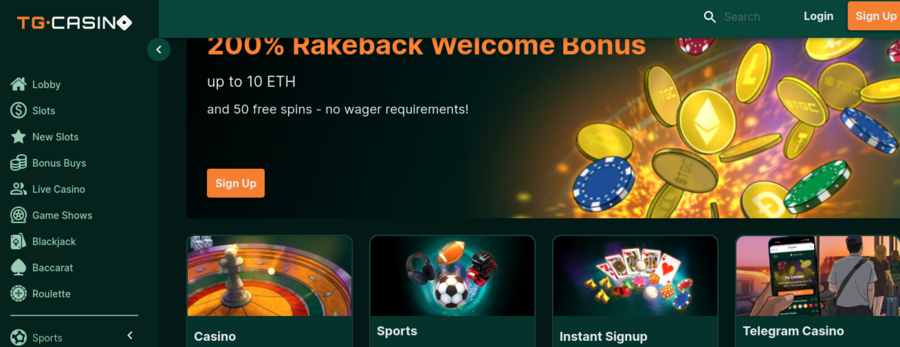 Play casino games and sports directly from Telegram at TG.Casino and also pick up a 200% rakeback welcome bonus