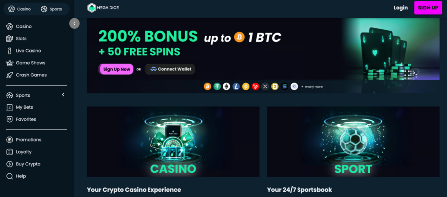 Crypto casino meets 24/7 sportsbook at Mega Dice. Don’t forget to pick up the 200% bonus and free spins!